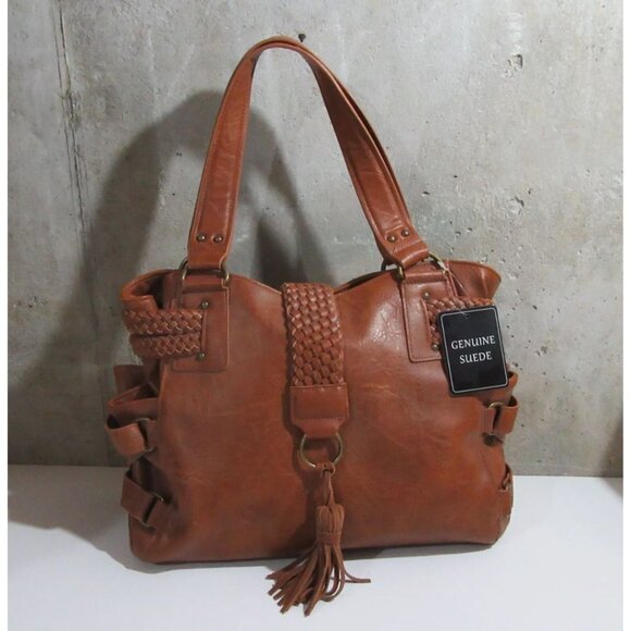 Steve Madden BSamba Leather Purse Satchel Tote with Braid Cognac NWT - Picture 3 of 7